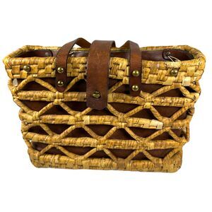 John Romain Vintage 1960s Woven Rattan Straw Leather Brass Tote Purse